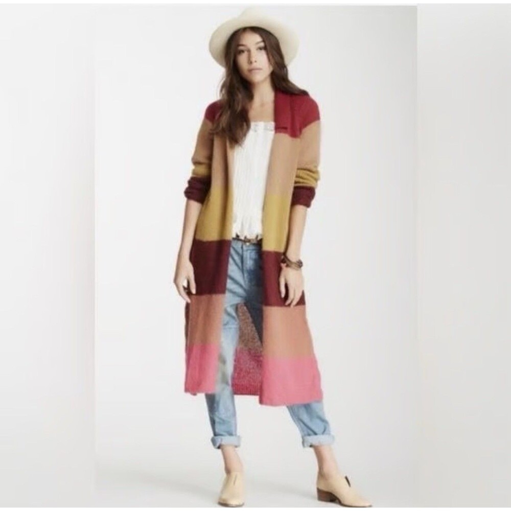 Free People Boho Mohair Duster Open Cardigan Sz XS Sunset Park Rugby Striped